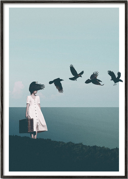 Quadro de paisagem: viajante com aves sobre o mar
