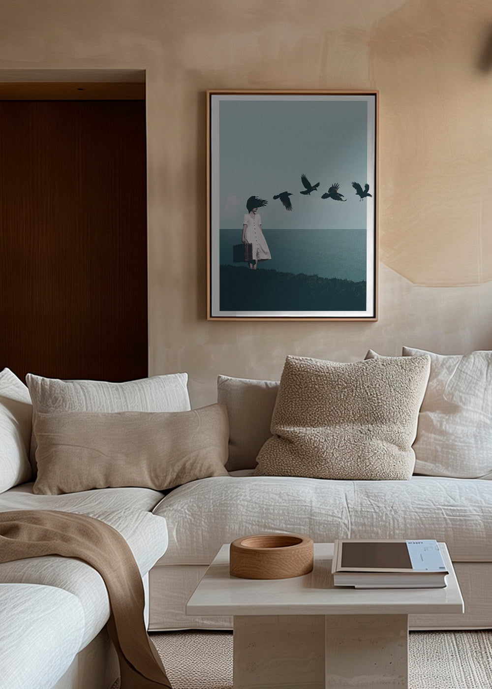 Quadro de paisagem: viajante com aves sobre o mar