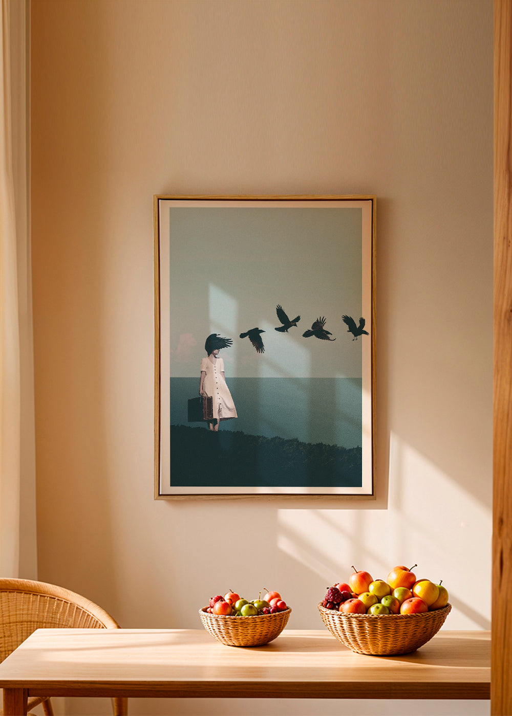Quadro de paisagem: viajante com aves sobre o mar