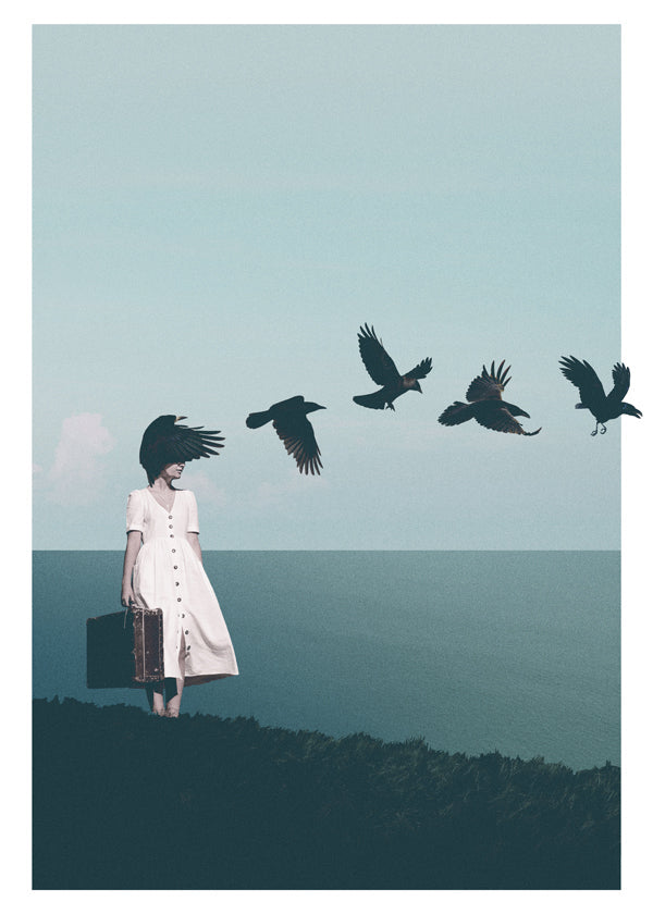 Quadro de paisagem: viajante com aves sobre o mar