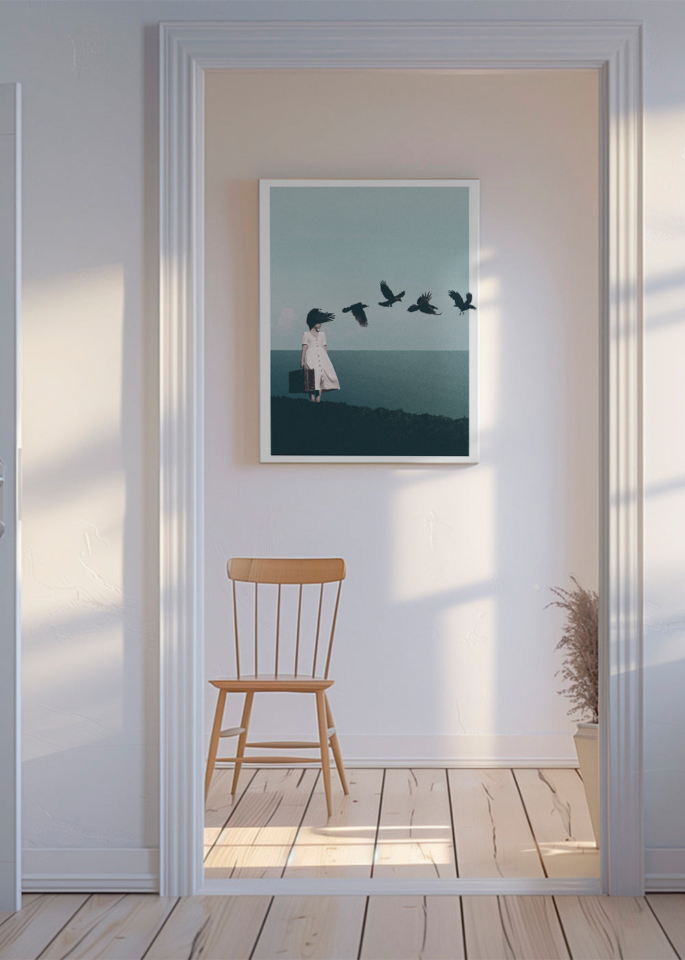 Quadro de paisagem: viajante com aves sobre o mar