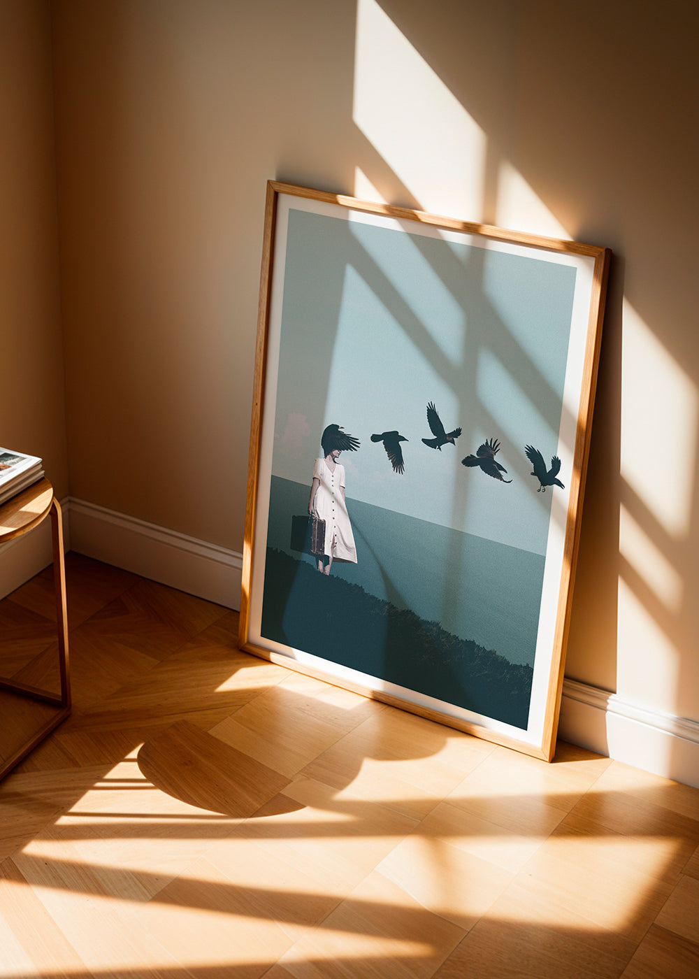 Quadro de paisagem: viajante com aves sobre o mar