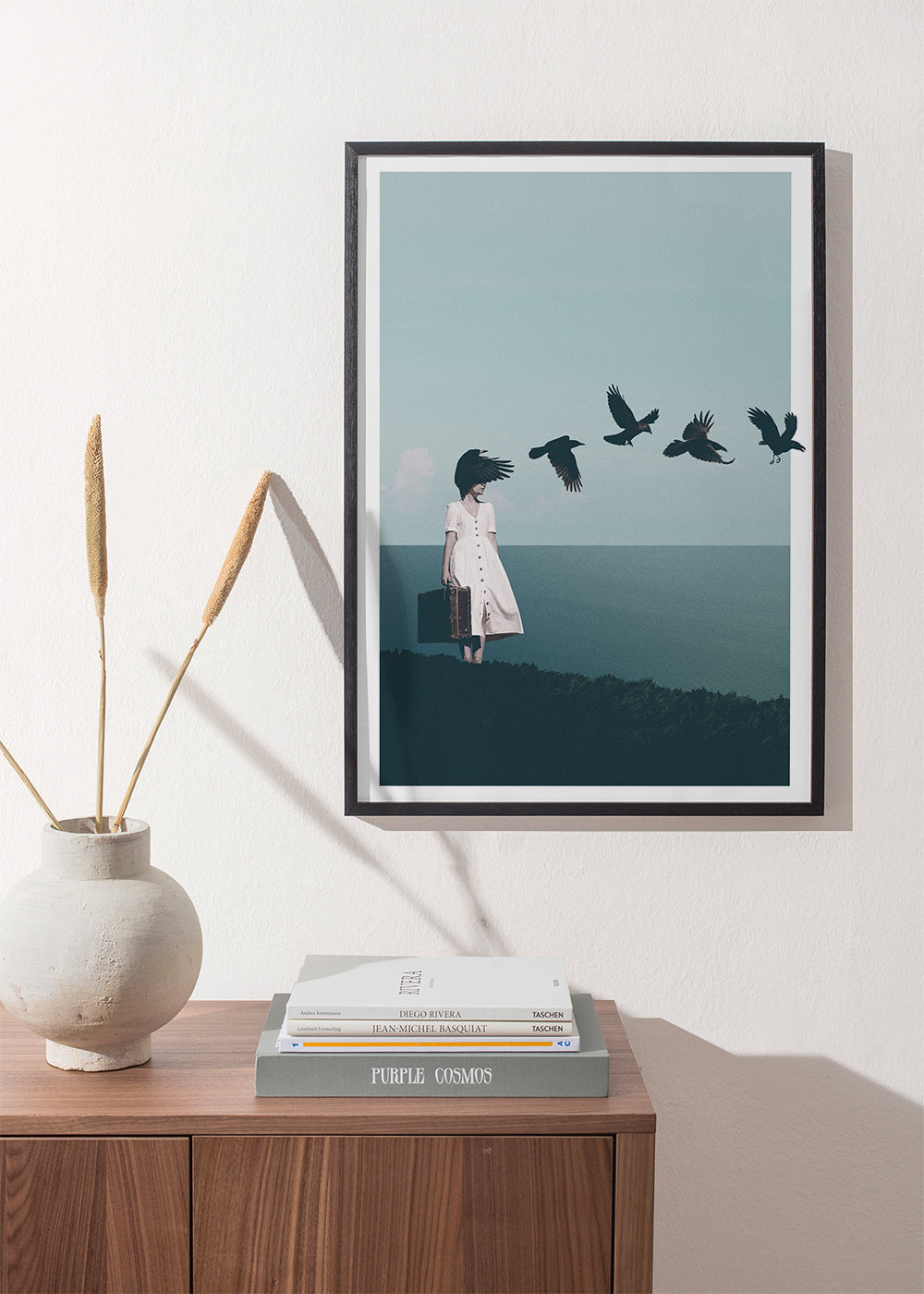 Quadro de paisagem: viajante com aves sobre o mar