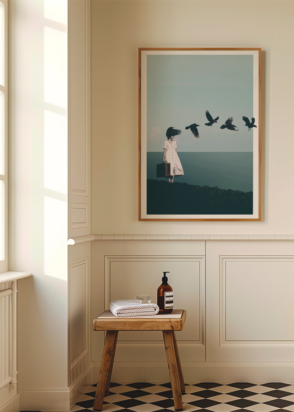 Quadro de paisagem: viajante com aves sobre o mar