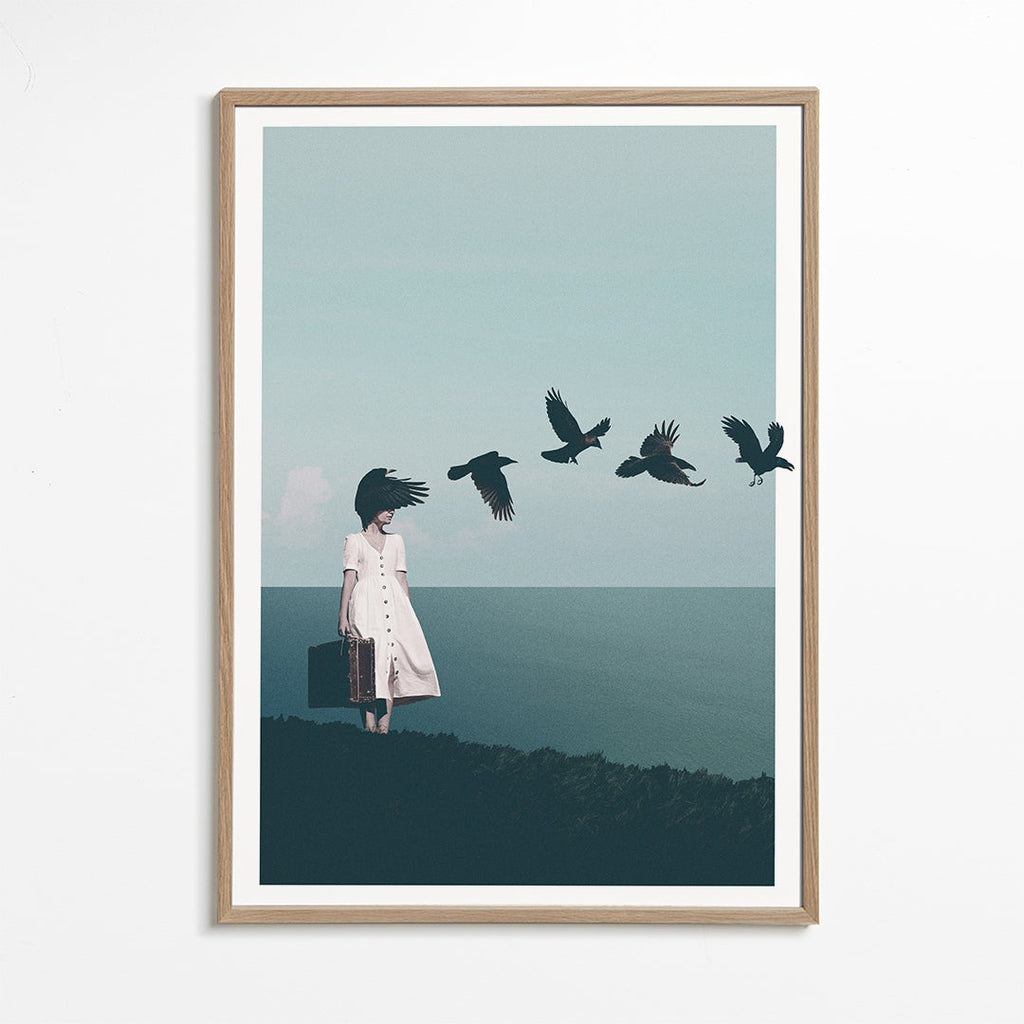 Quadro de paisagem: viajante com aves sobre o mar