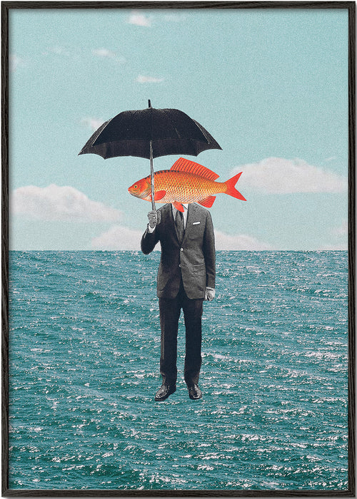 Quadro abstrato de figura com peixe e guarda-chuva