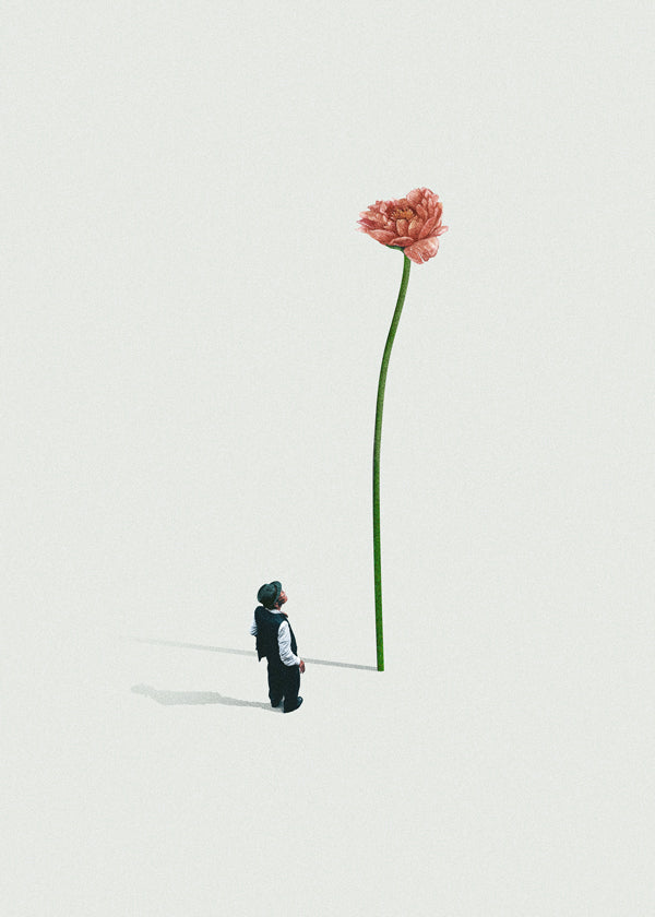 Estampa botânica flor gigante e figura pequena