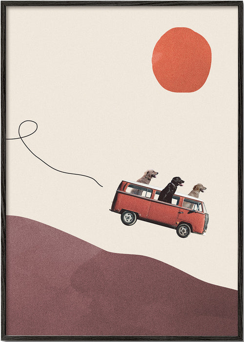 Quadro furgão vermelho com cães em paisagem minimal