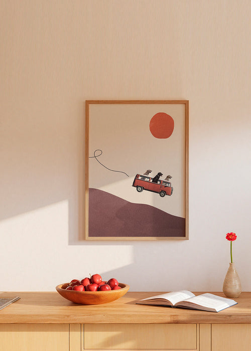 Quadro furgão vermelho com cães em paisagem minimal