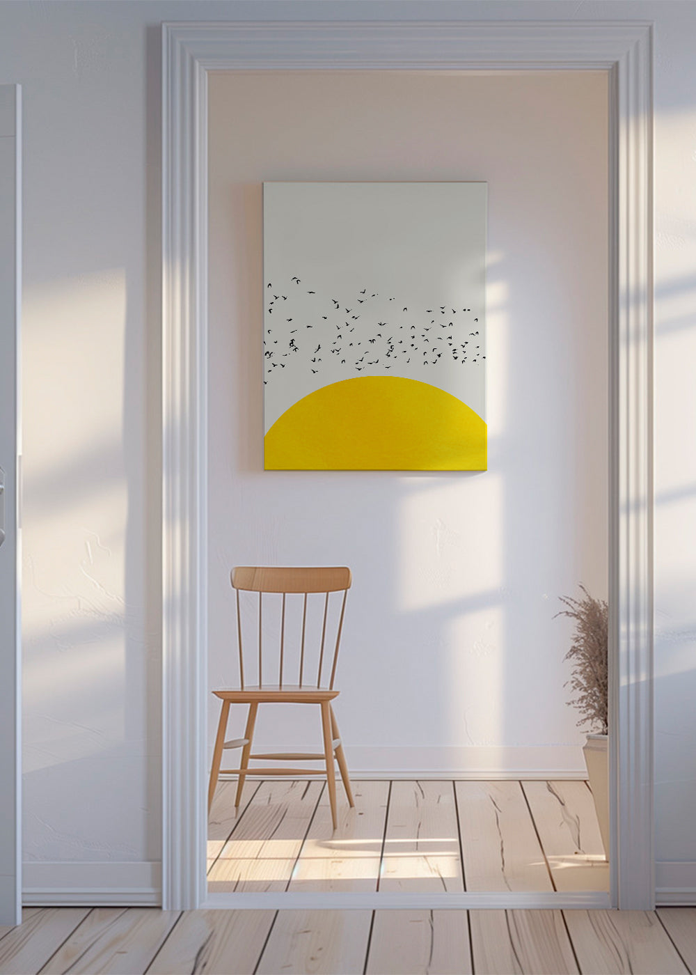 Ilustração de bandos sobre sol minimalista