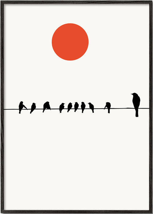 Design minimalista com pássaros no fio e sol vermelho