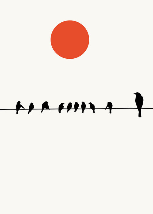 Design minimalista com pássaros no fio e sol vermelho