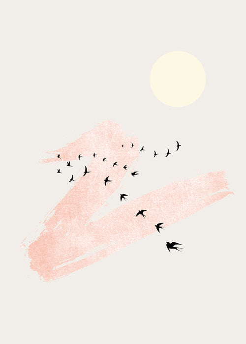 Ilustração de pássaros em voo com pincelada rosa