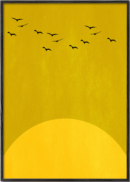 Paisagem minimal com sol e pássaros