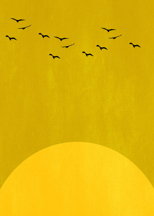 Paisagem minimal com sol e pássaros