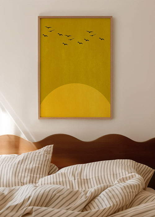 Paisagem minimal com sol e pássaros