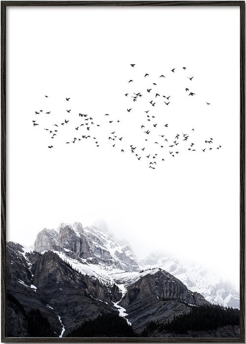 Quadro de paisagem com aves sobre picos nevados