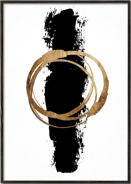 Quadro geométrico: círculo dourado e traço vertical