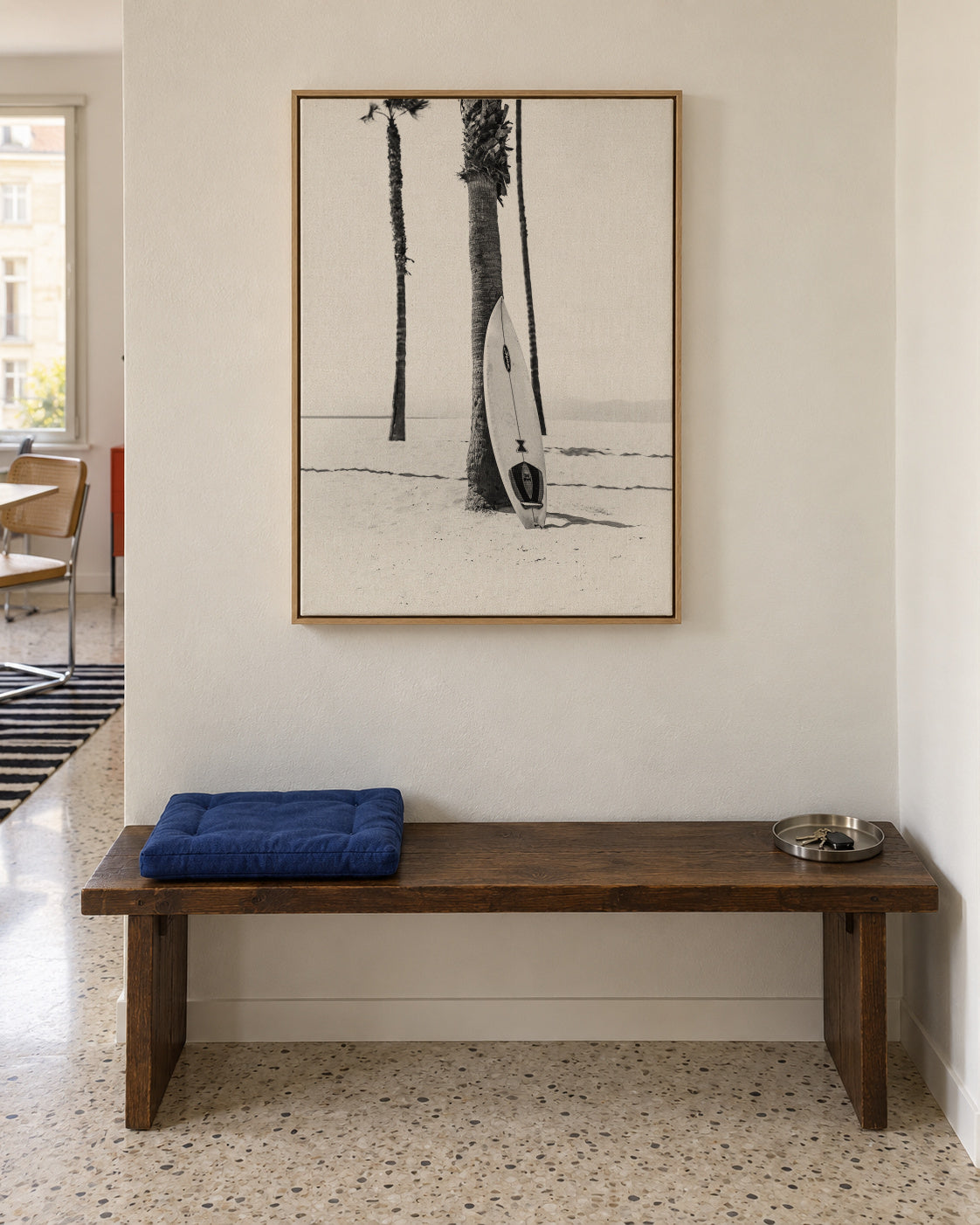 Surfboard BW - Framed canvas in an interior