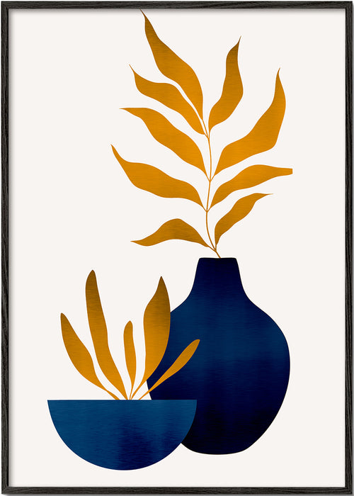 Estampa botânica folhas douradas e vaso azul