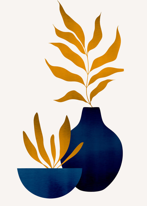 Estampa botânica folhas douradas e vaso azul