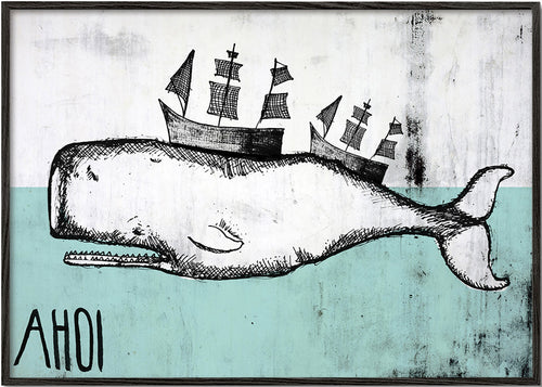 Quadro baleia ilustrada com navios