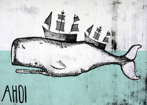 Quadro baleia ilustrada com navios