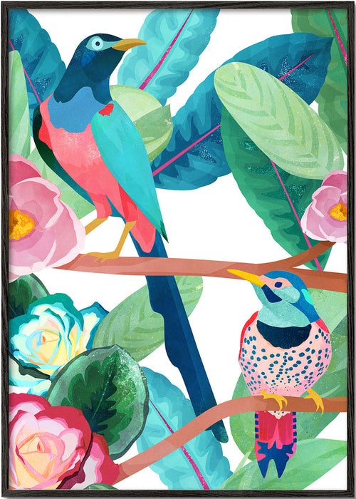 Ilustração de pássaros e flores em ramo