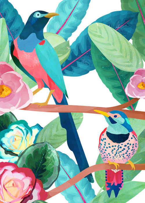 Ilustração de pássaros e flores em ramo