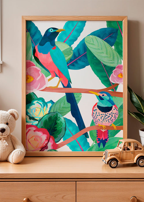 Ilustração de pássaros e flores em ramo