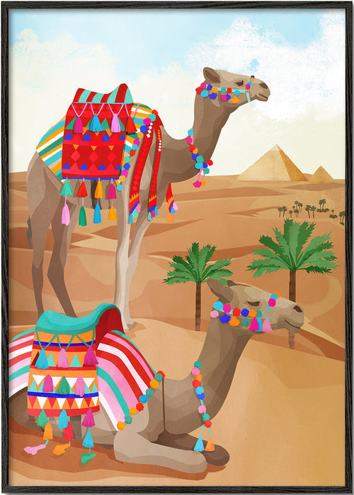 Obra camelos deserto com tecidos coloridos