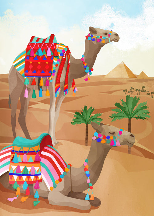 Obra camelos deserto com tecidos coloridos