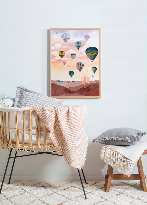 Quadro paisagem com balões ao amanhecer