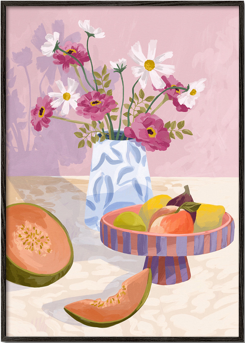 Arte para cozinha: natureza morta de frutas com vaso