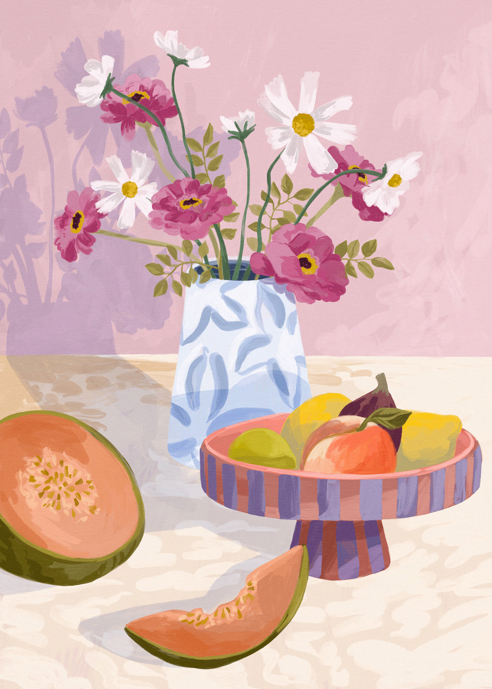 Arte para cozinha: natureza morta de frutas com vaso