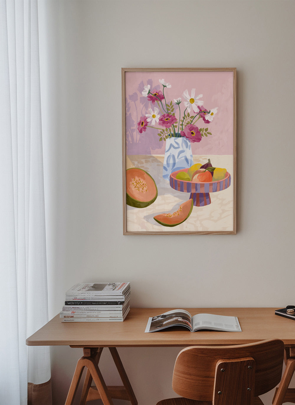 Arte para cozinha: natureza morta de frutas com vaso
