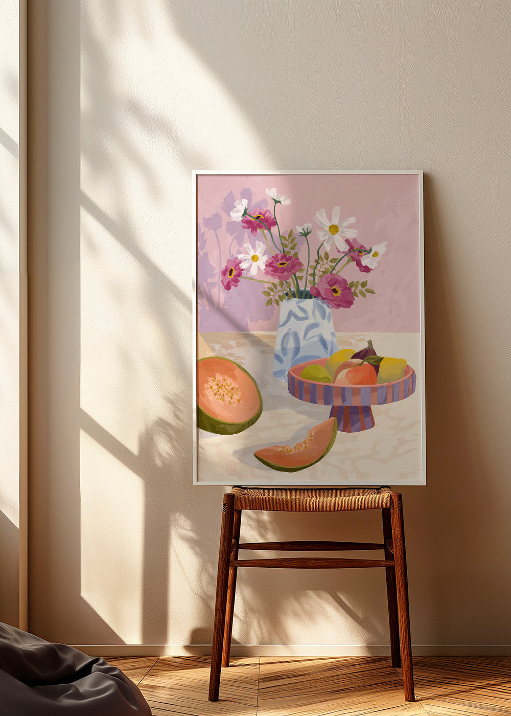 Arte para cozinha: natureza morta de frutas com vaso