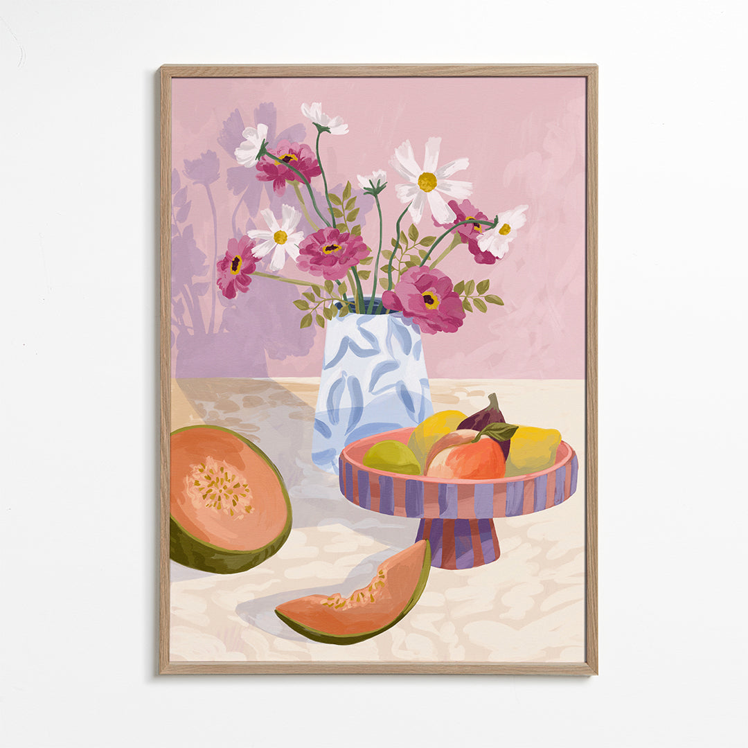 Arte para cozinha: natureza morta de frutas com vaso