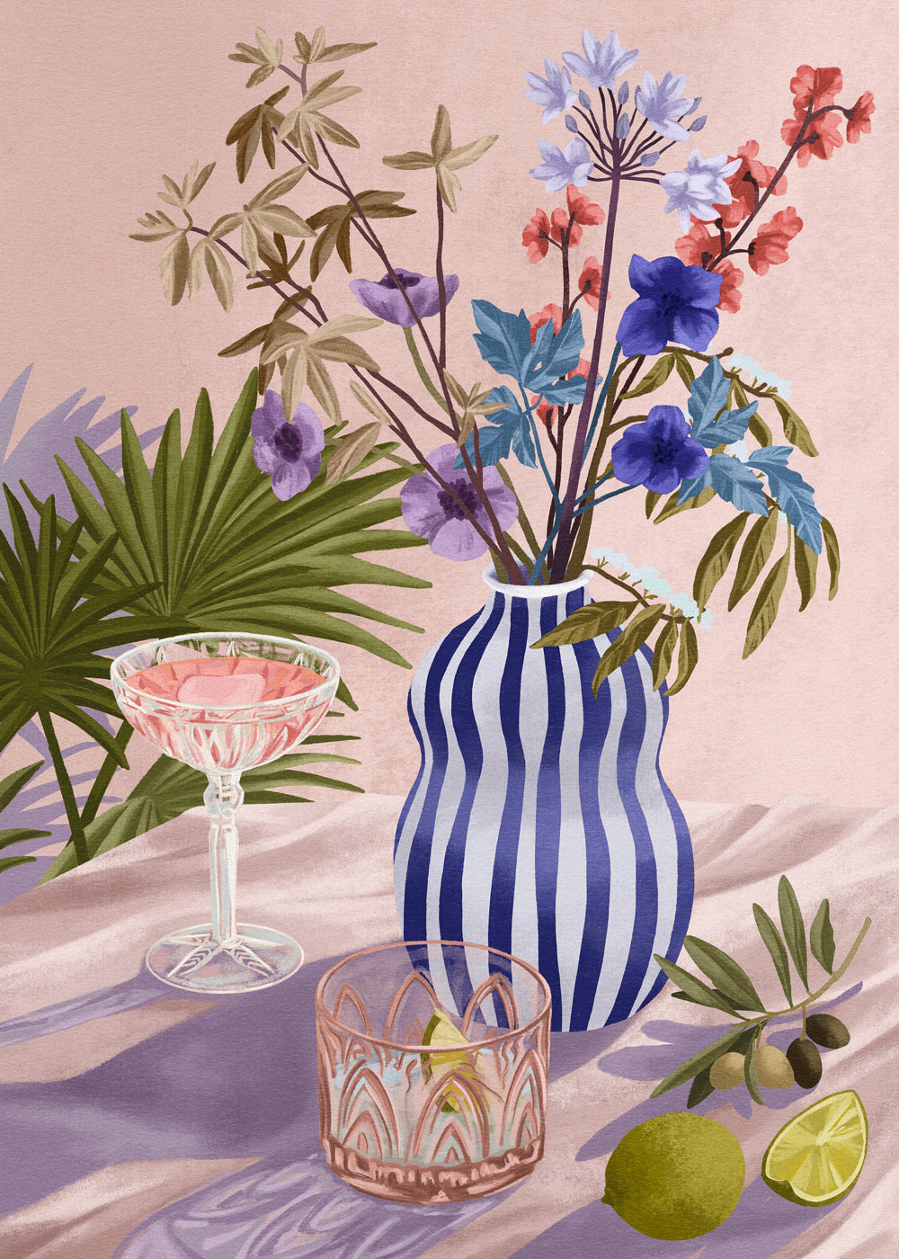 Estampa botânica: natureza morta floral em vaso às riscas