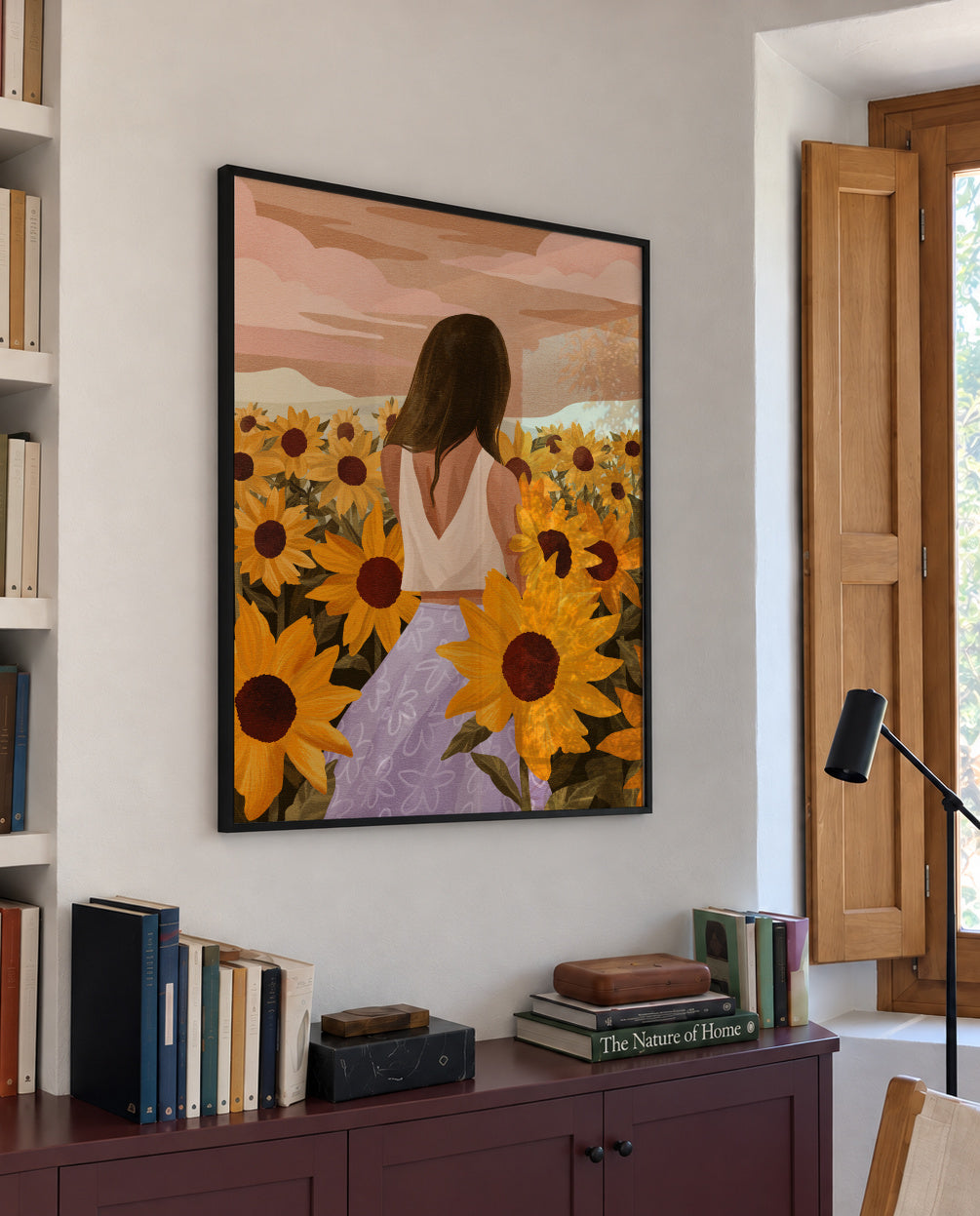 Sunflower Evenings - Framed poster in an interior