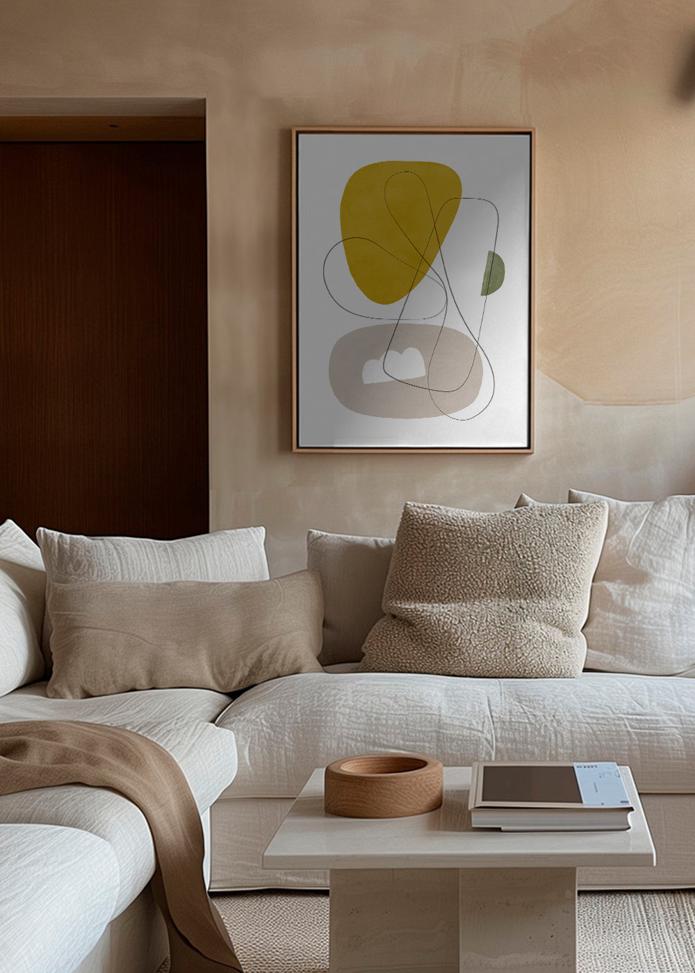 Quadro abstrato com formas orgânicas amarelas