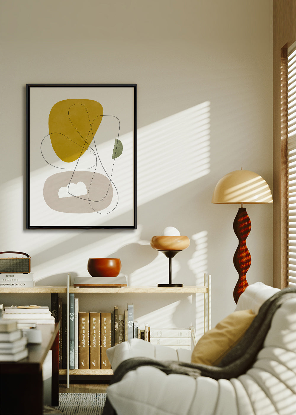 Quadro abstrato com formas orgânicas amarelas