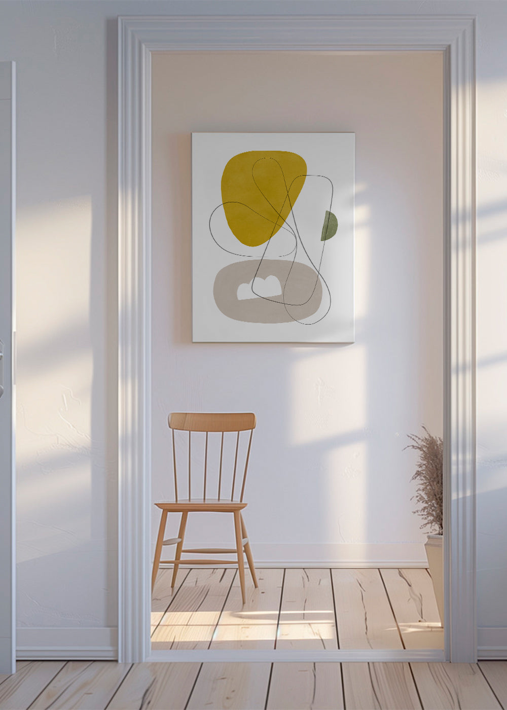 Quadro abstrato com formas orgânicas amarelas