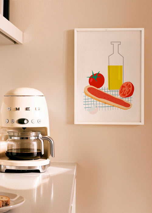 Arte para cozinha com pão e tomate ilustrado