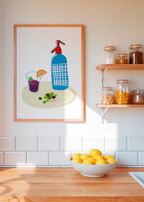Arte para cozinha: sifão e copo de vermute ilustrados