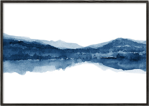 Quadro de paisagem em aguarela azul com reflexo