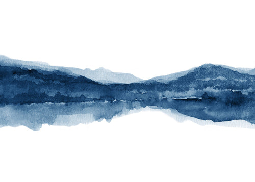 Quadro de paisagem em aguarela azul com reflexo