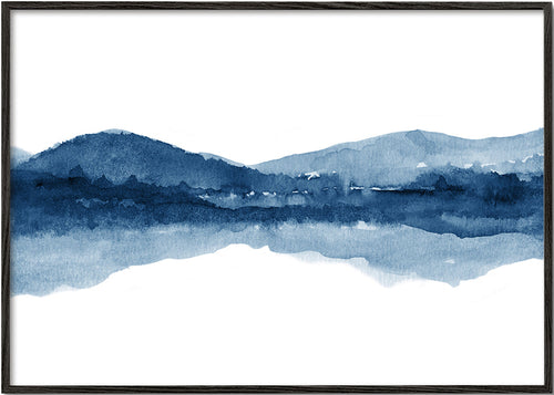 Paisagem em aquarela com montanhas e reflexo