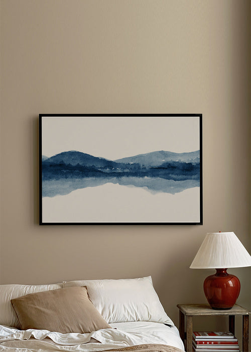 Paisagem em aquarela com montanhas e reflexo