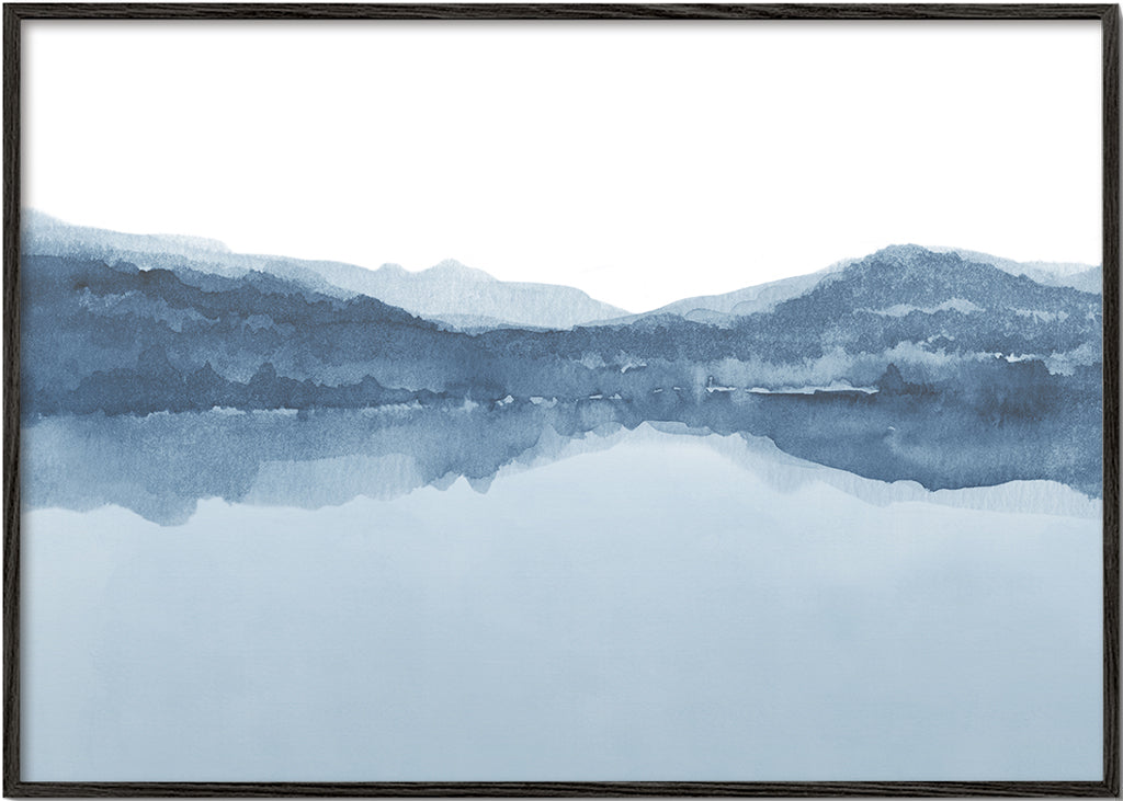Quadro aquarela paisagem lago e montanhas